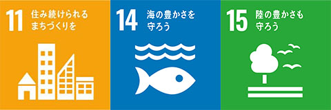 No.11 「住み続けられるまちづくりを」No.14 「海の豊かさを守ろう」
                No.15「陸の豊かさも守ろう」のアイコン